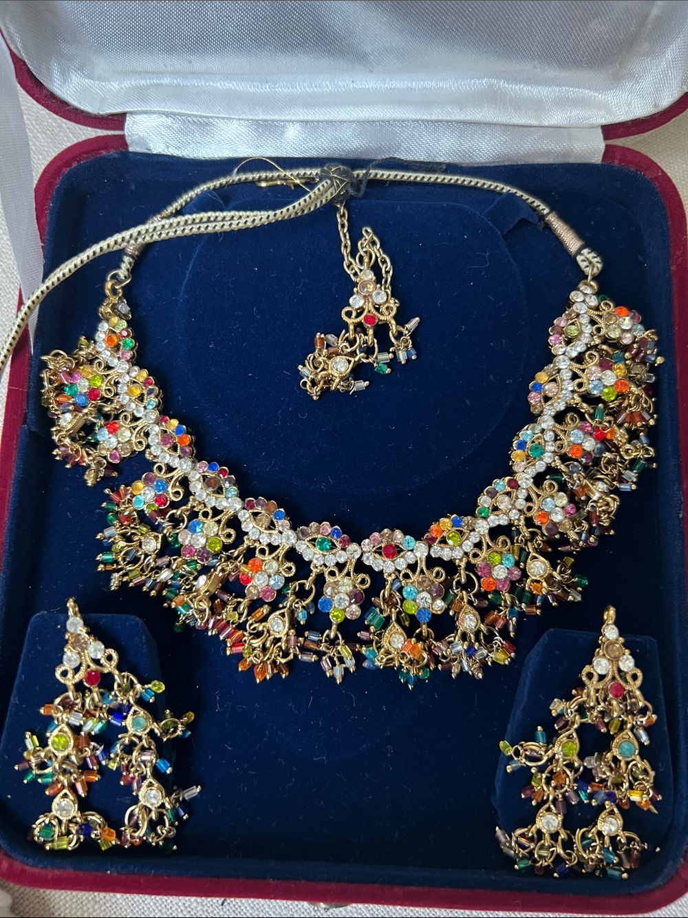 Gold-Tone Multicolor Crystal Choker Necklace and Earrings Set